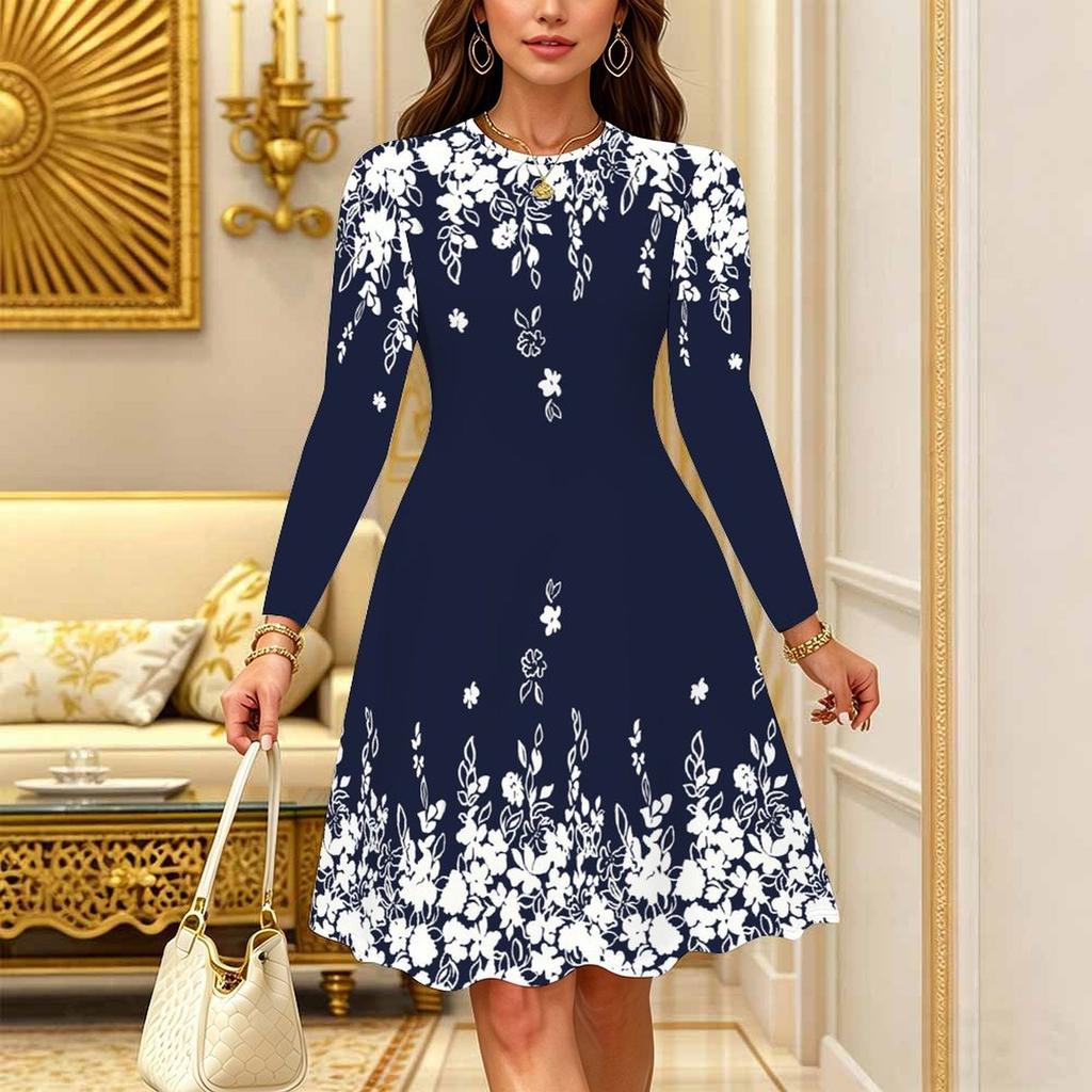 Women Long Sleeve Round Neck Midi Dress Abstract Brush Stroke Floral Print Flared Casual Dress