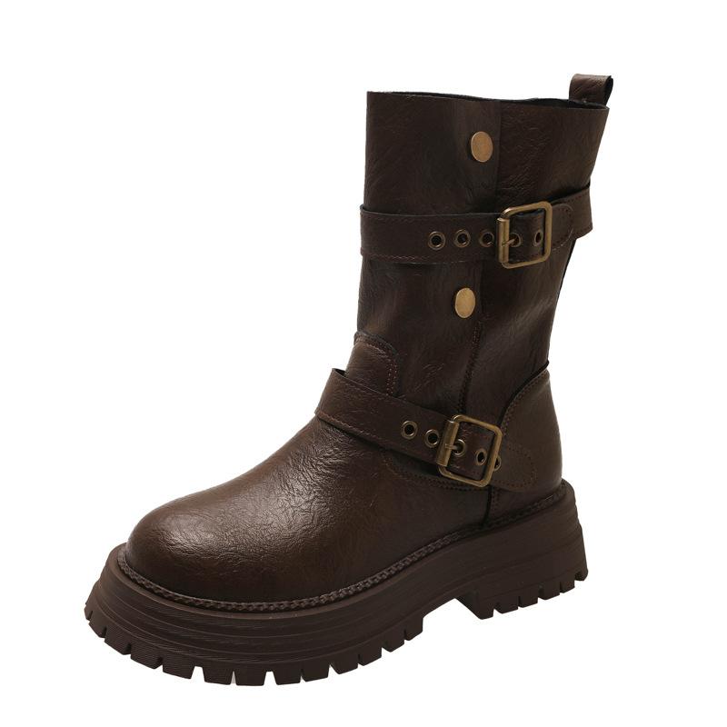 2025 Autumn and Winter New British Style Thick-soled Thin Boots Trendy Belt Buckle Locomotive Boots Medium Tube Martin Boots Women