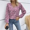 Floral Print V-Neck Blouse With Lantern Sleeves Womens Long Sleeve Casual Office Shirt