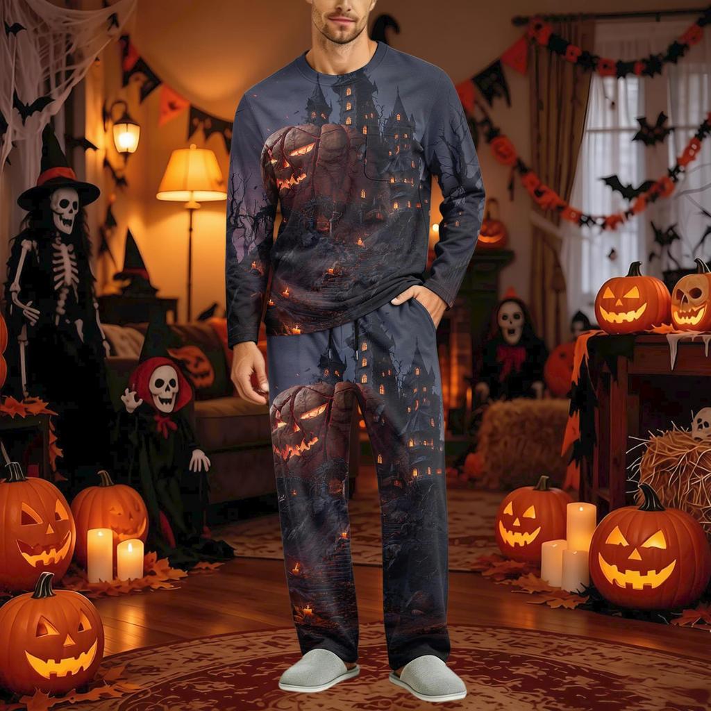 Men's Halloween Pajama Set Long Sleeve with Button Fly and Elastic Waist Drawstring for Sleepwear