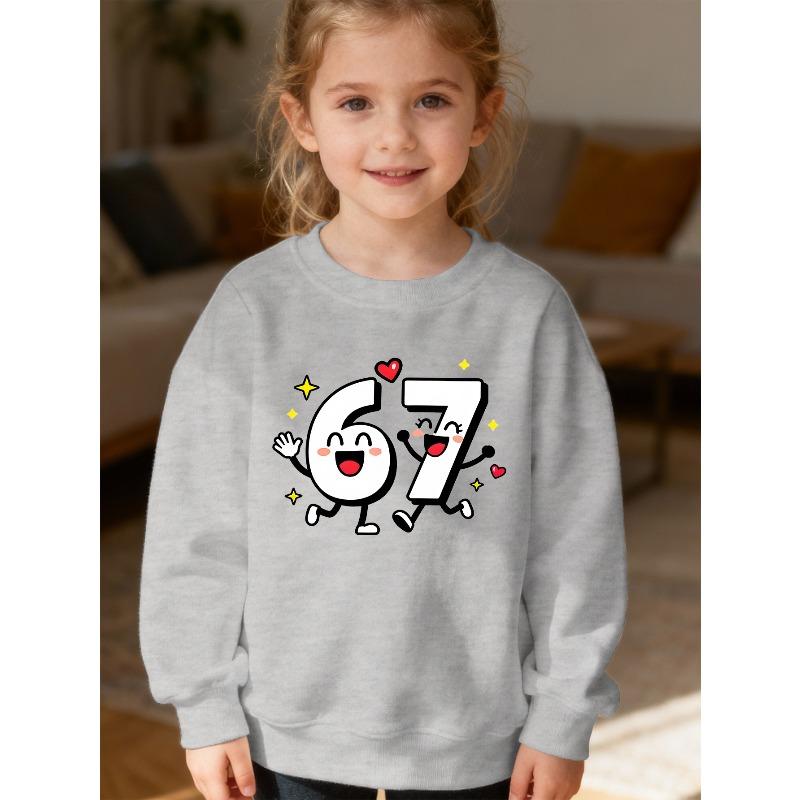 Kids Unisex Crewneck Sweatshirt, Cute Cartoon Smiley Number 67 With Heart Star Print Long Sleeve, Kids Sweatshirt For Boys Girls Over 4 Years Old