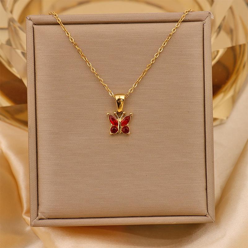 Retro Commuter Christmas Necklace: 18K Plated Titanium Steel with Zircon Inlaid Colorful Butterfly Pendant for Women