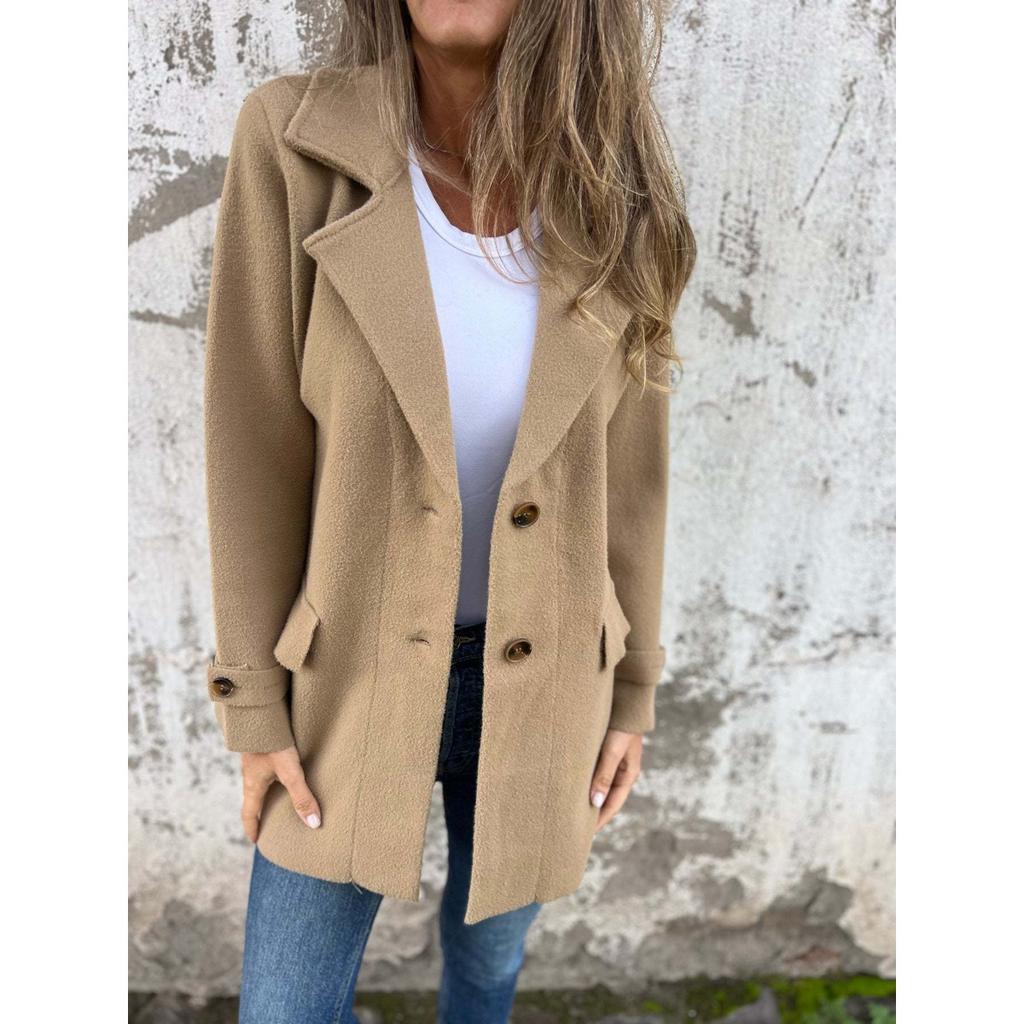 2025 Autumn Winter New Women's Wool Blend Coat Casual Loose Lapel Fake Pocket Cardigan for Europe America