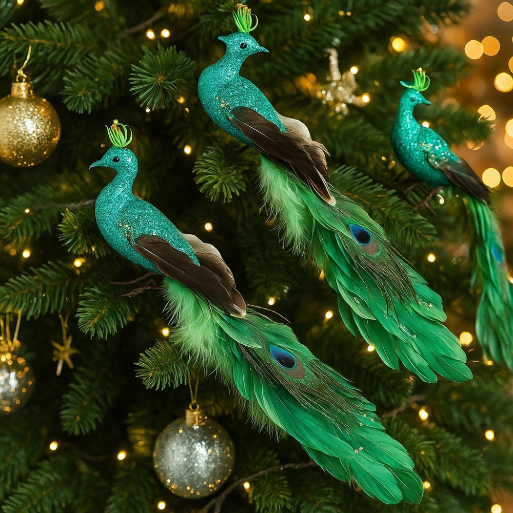 Realistic Christmas Peacock Ornaments Long Tail Peacock Bird Figurine  Home Party Decor