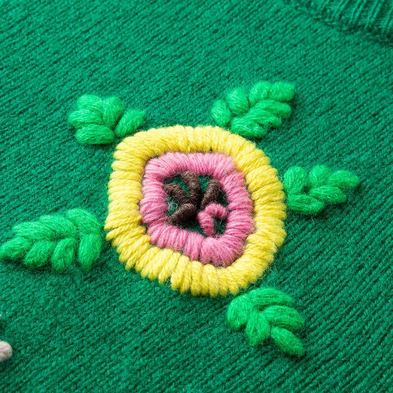 TUHUANG Women's Pure Wool Cartoon Embroidered Round Neck Sweater