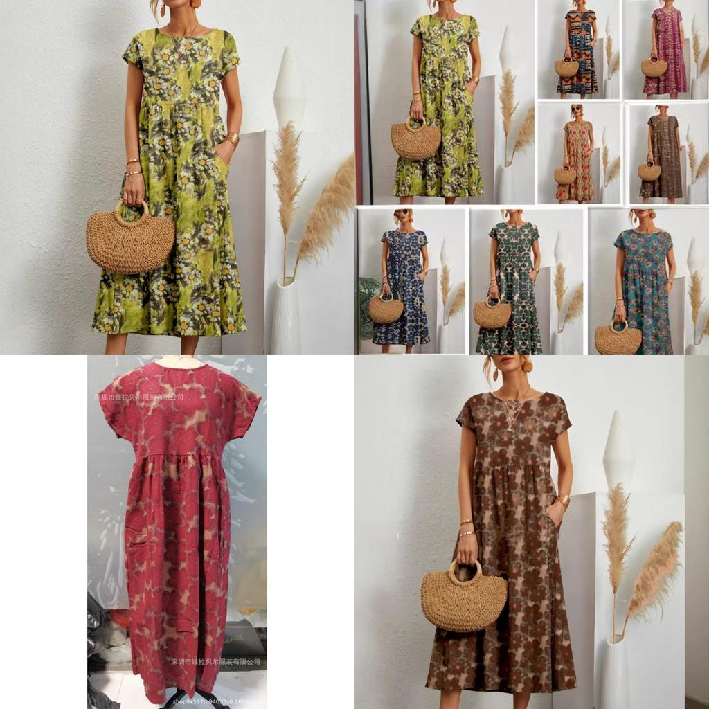 Cotton Linen Floral Print Summer Dress With Round Neck For Women