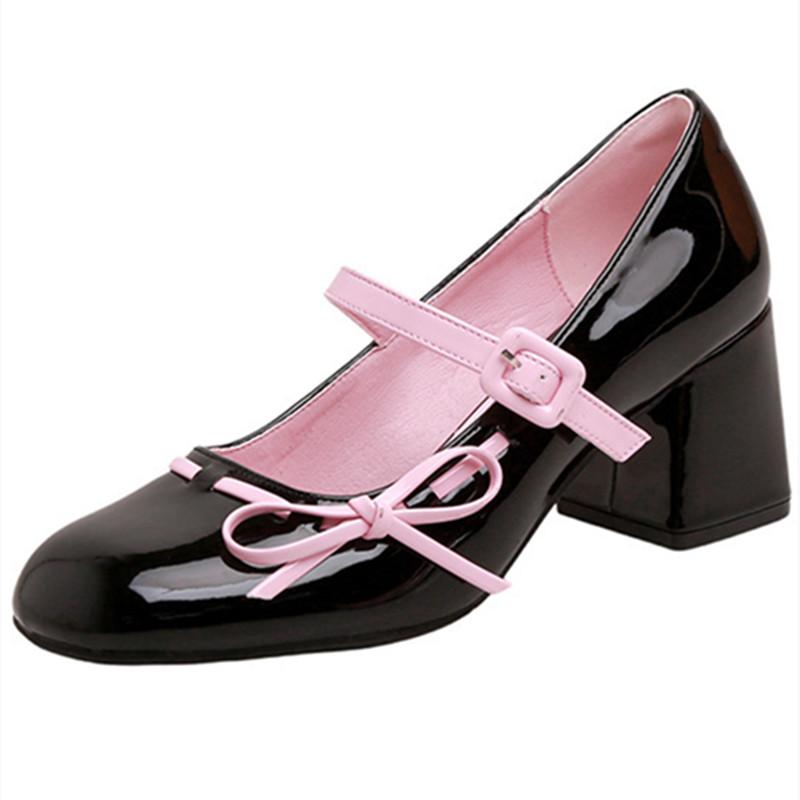 Fashion Sweet Bow Belt Buckle Women Sandals Fashion Round Toe Square Heel Mary Jane Shoes Simple Comfort Patent Leather Women Slide Shoe