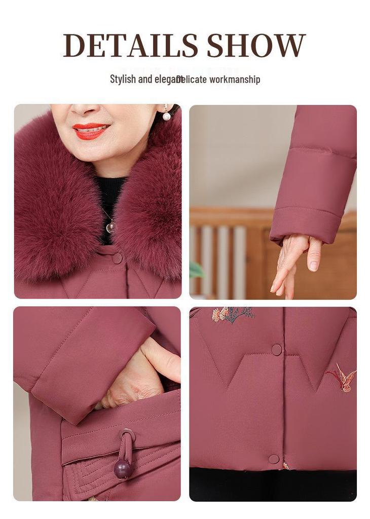 Plus Velvet Winter Jacket with Fur Collar for Elderly Women - Thickened Cotton Padded Coat for Middle-Aged & Senior Ladies