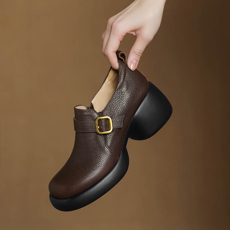 Krazing Pot cow skin Autumn Winter Shoes Metal Buckle Loafers chunky Heels Slip on Size 43 Round Toe Slip on Deep Mouth Pumps