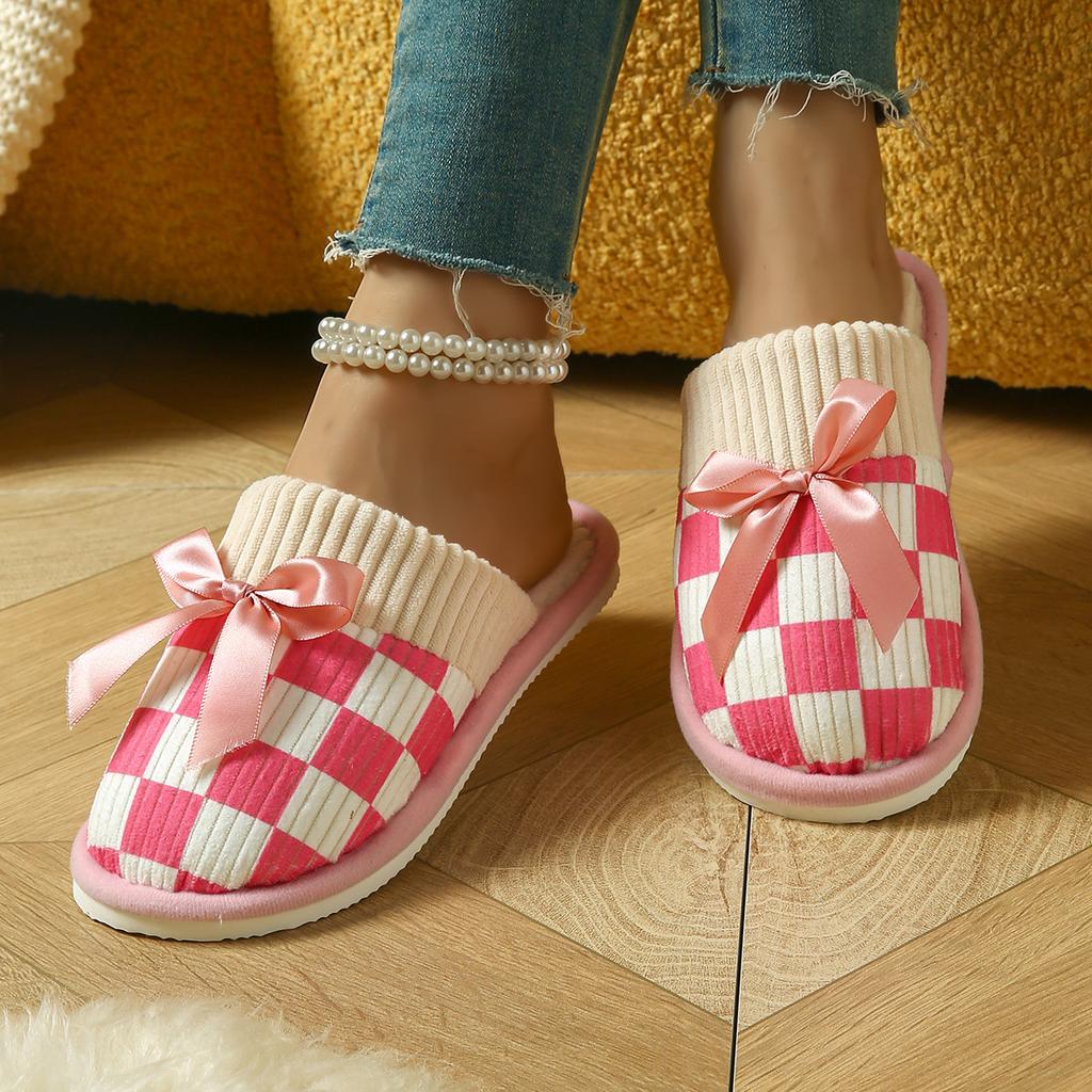 Cozy Checkered Slip-On Slippers with Bow Soft Indoor Slippers Checkered Pattern Knit Construction Slippers for Indoor Use