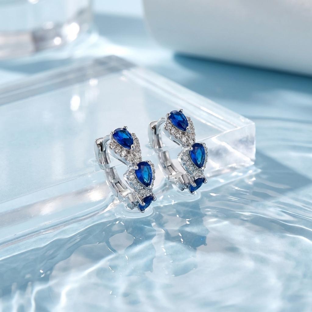 Elegant Copper Hoop Earrings For Women Blue Teardrop Cubic Zirconia Inlaid Delicate Fashion Jewelry