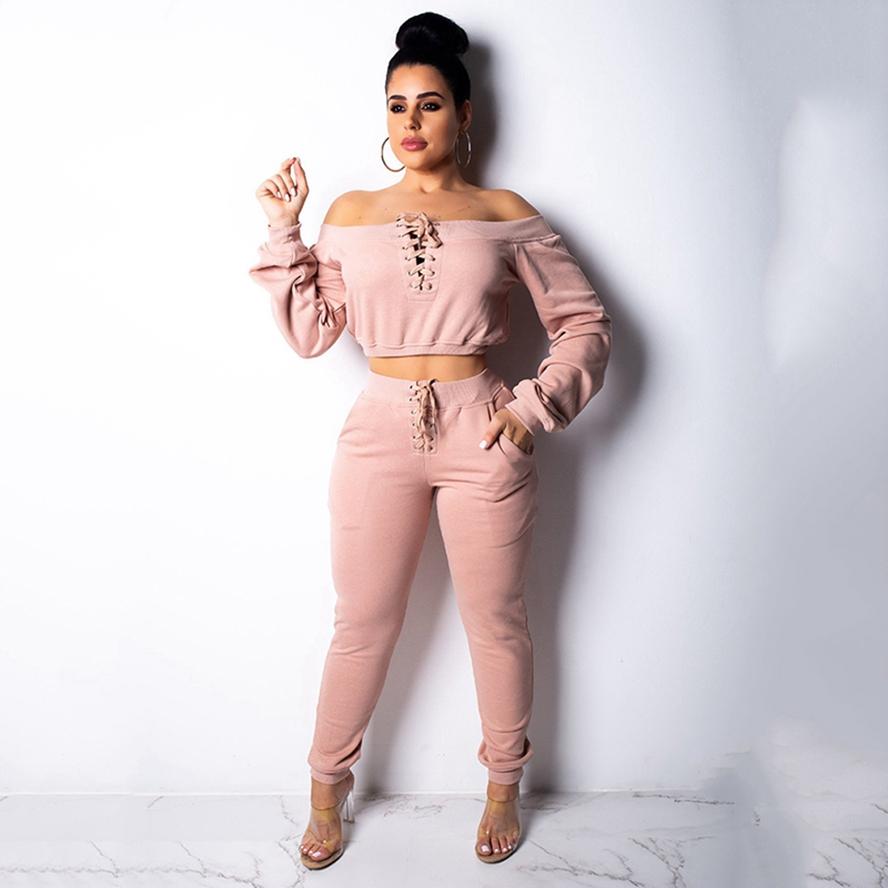 European Style Fashion Women Sweater Strap Off Shoulder Top and Pant Set Fashion Casual Wear Suit