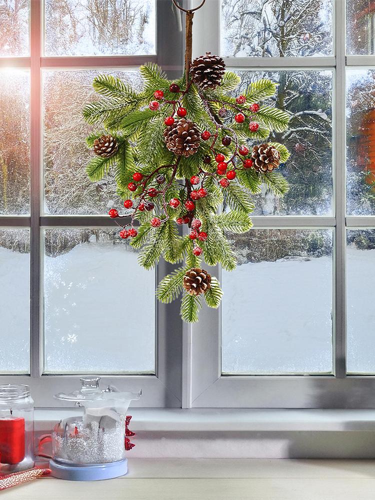 Christmas Wreath Teardrop Berry Pine Cones Swag Decor Artificial Holiday Garland for Holiday Indoor Fireplace Mantle Porch
