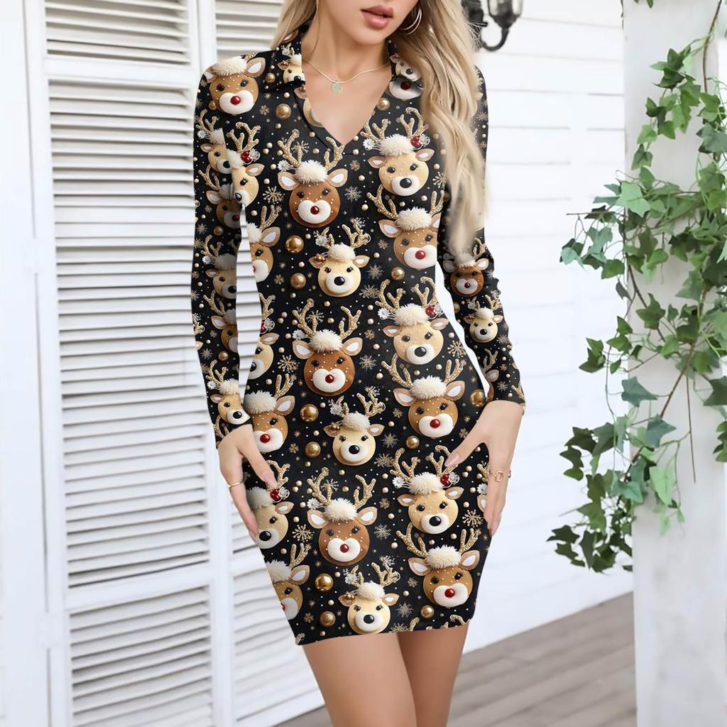 Women's V-neck Casual Print Long-sleeved Fitted Dress