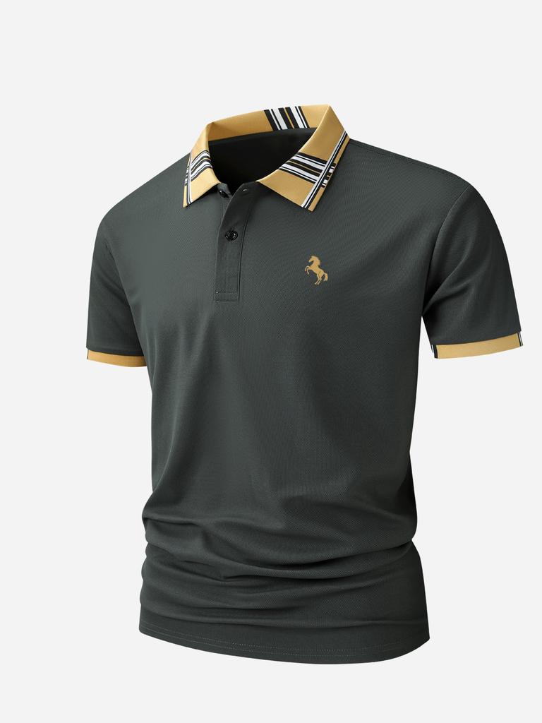 Herren Schwarzes Polohemd mit Kontraststreifen am Kragen, Business Casual Kurzarm-Oberteil mit gesticktem Pferd