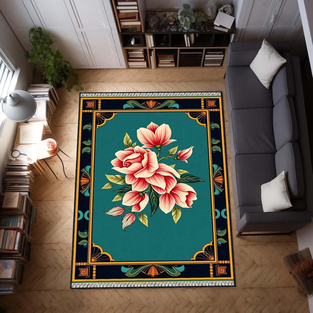 Elegant Art Deco Area Rug, Floral Luxury Carpet Vintage Floor Decor, Emerald Green Rug Modern Classic Home Office Design Rug