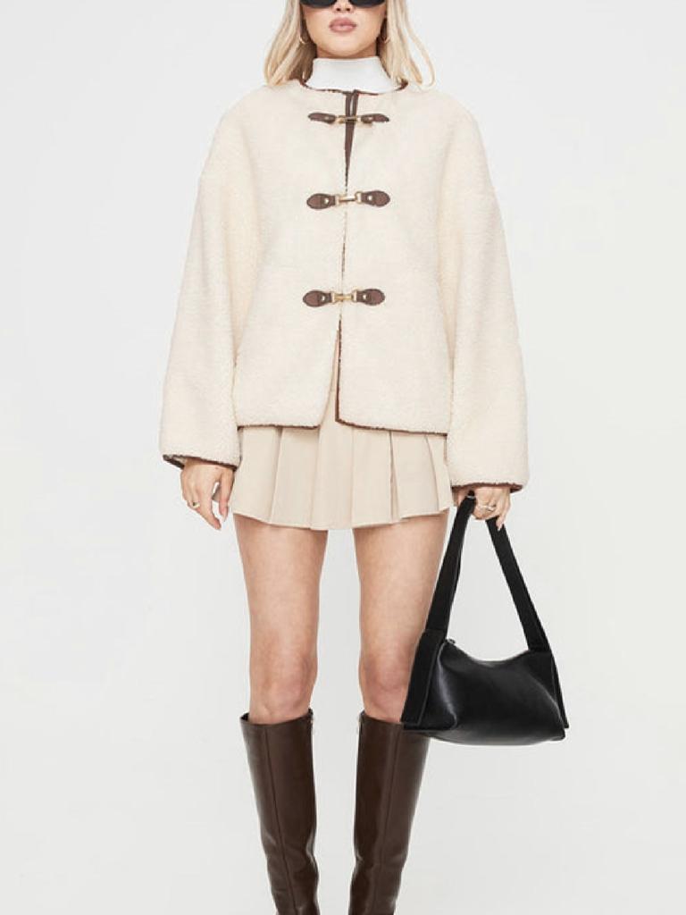 Winter Women's Thick Faux Fur Buckle Crew Neck Long Sleeve Short Cardigan Fashion Chic Coat