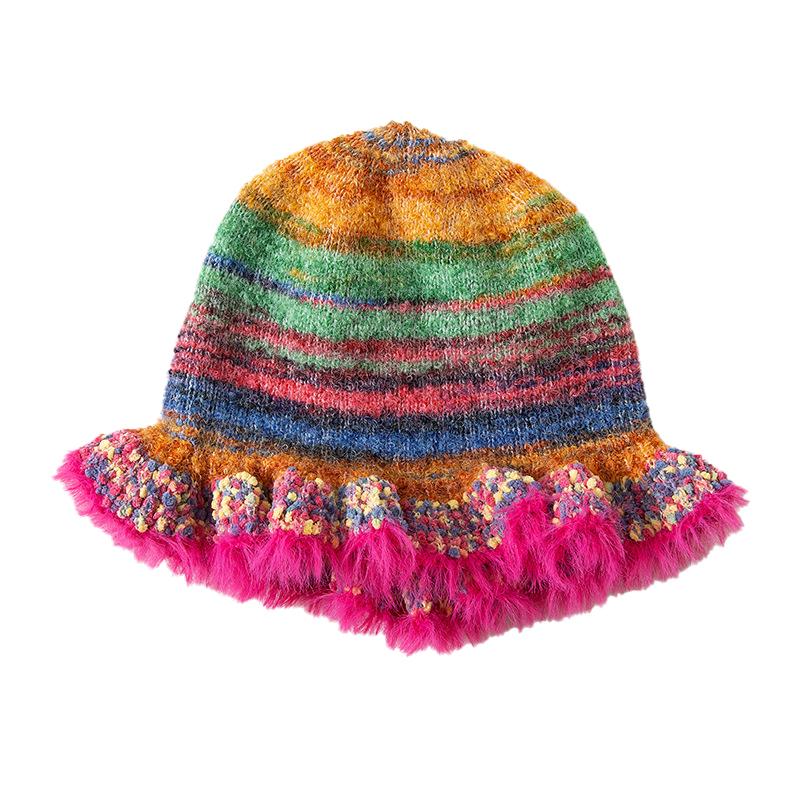 Striped Oil Painting Woolen Hat Gradient Contrast Plush Knitted Hat Retro Rainbow Knitted Hat