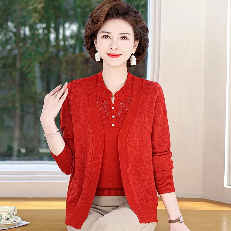 

Spring & Autumn Knitwear Two-Piece Set for Middle-Aged & Elderly Women – Plus Size Cardigan & Top 4XL (135-150 jin) красный