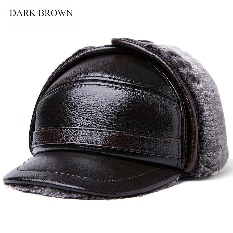 Men Genuine Leather Winter Hat Thick Warm Trapper Cap with Fur Ear Flaps Outdoor Windproof Bomber Aviator Hat Brown for Elderly
