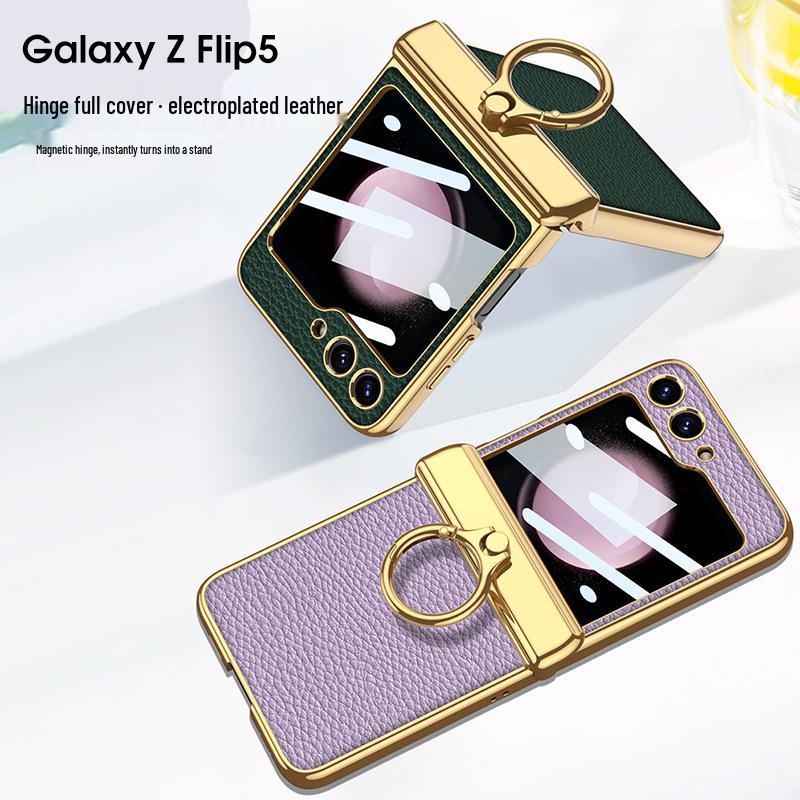 ZFlip5 Magnetic Hinge Leather Ring Case - Foldable Screen, Creative & Simple Design
