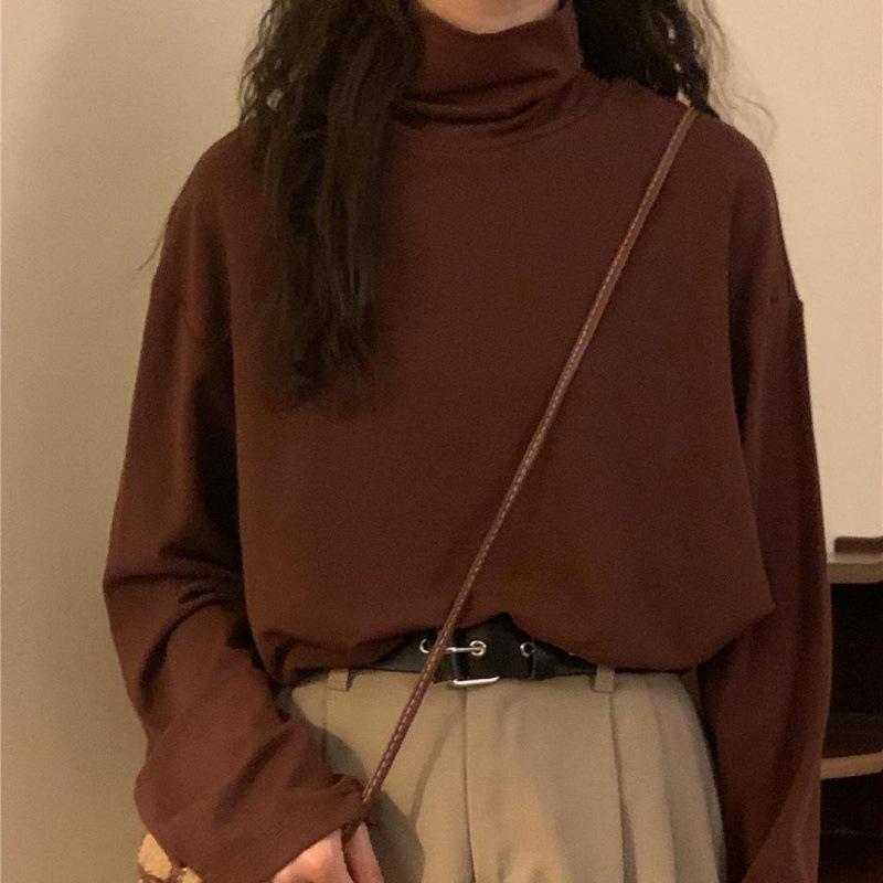 

Женская облегающая футболка с высоким воротником из немецкого бархата с начесом и длинным рукавом - Однотонная в корейском стиле, зимний базовый слой M