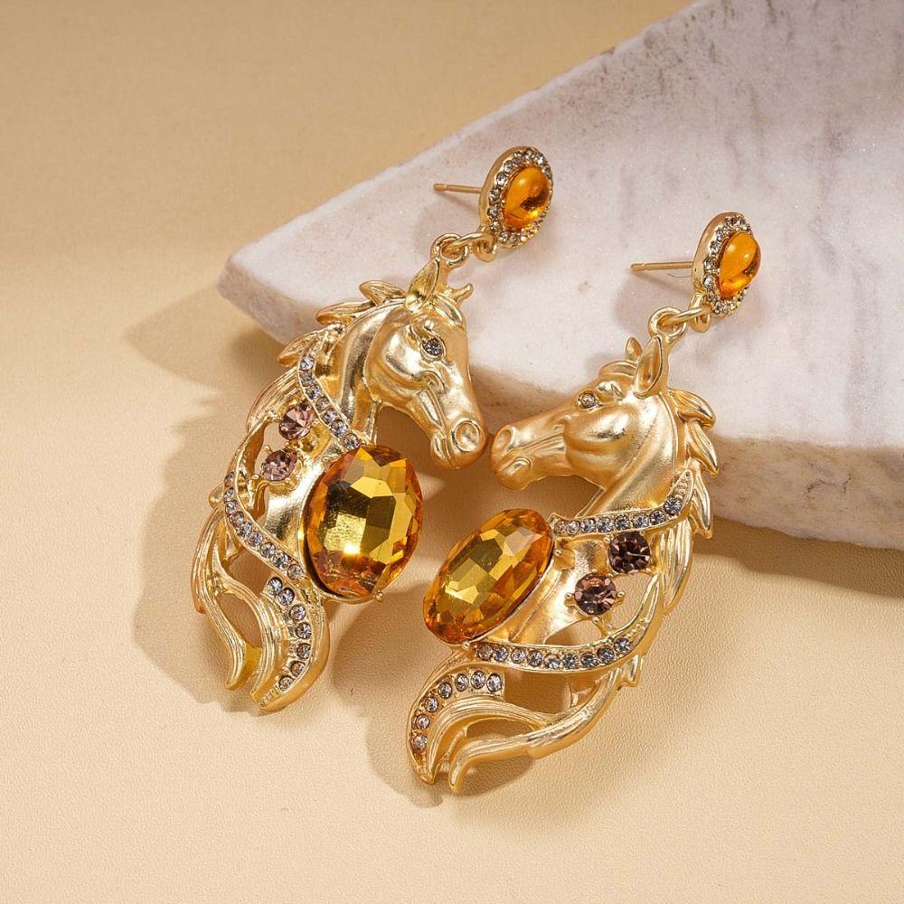 Rhinestone Crystal New Year Horse Earrings Cartoon Horse Mascot Drop Earrings  Party