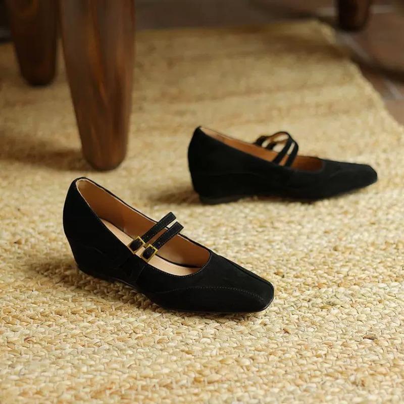 New Inside Heightened Single Shoes Women's Square Toe Shallow Mouth Double Buckle Lace-Up Mary Jane Single Shoes