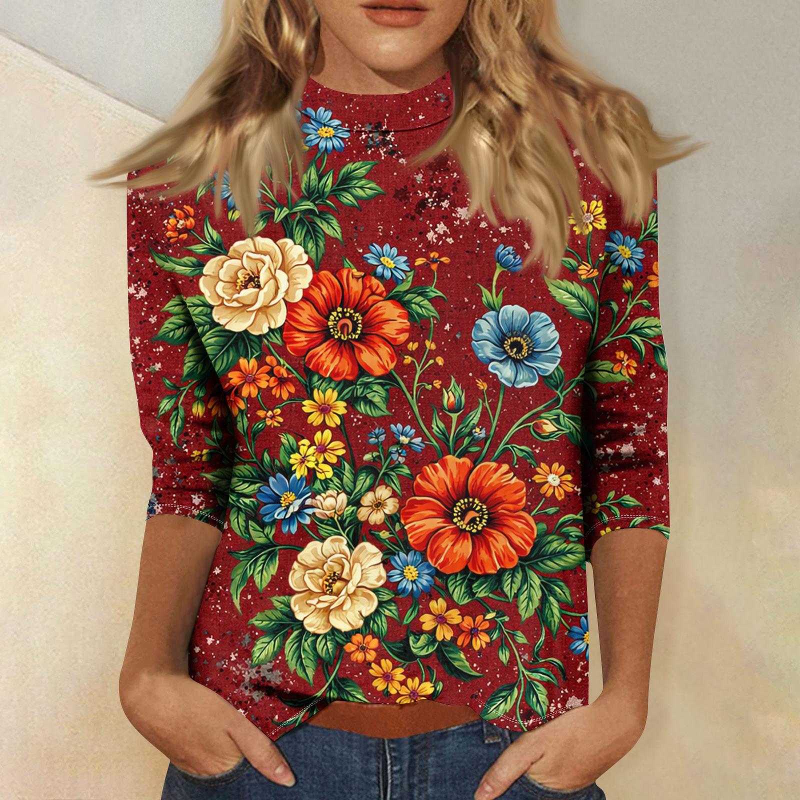 

Women s Fashionable Casual Mid-Neck 3/4 Sleeve Independence Day Print T-Shirt Top XL червоний