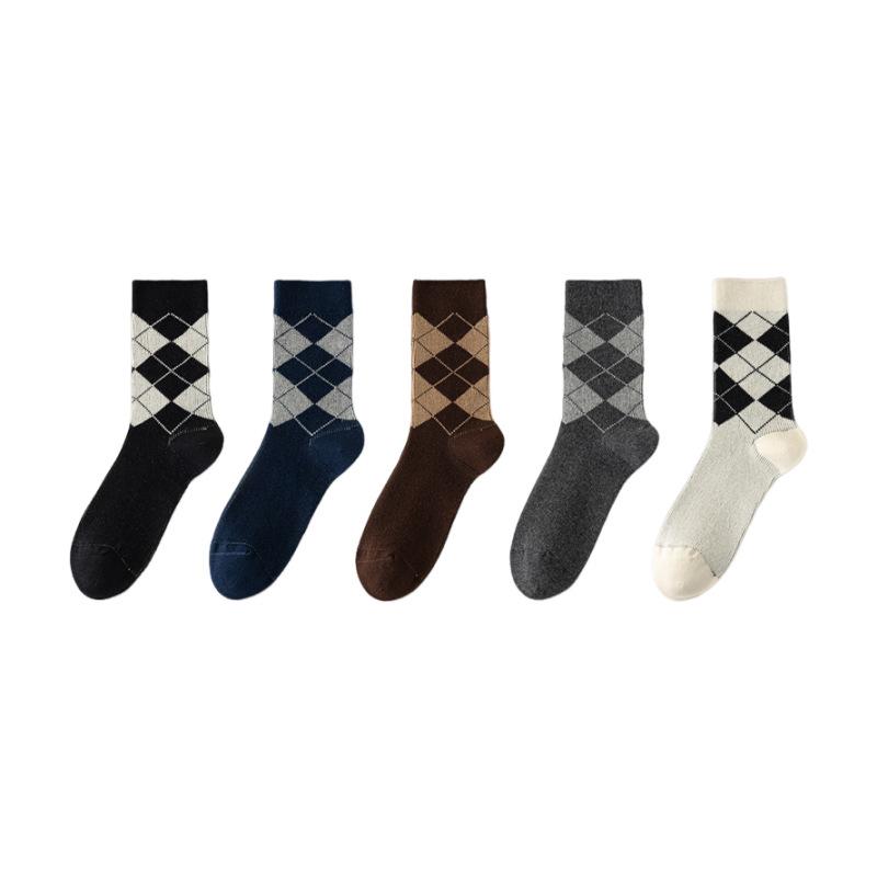 5 Pairs of Men's Autumn and Winter New Pure Cotton Retro Diamond Business Tube Socks