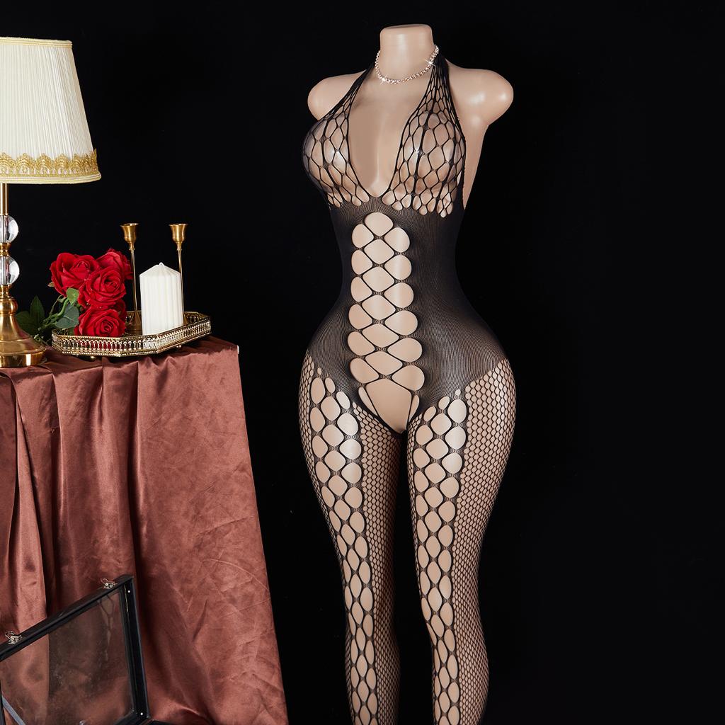 Women Sexy Fishnet Bodysuits Erotic Lingerie Transparent Open Crotch See Through Bodystockings Mesh Long Socks Female Underwear