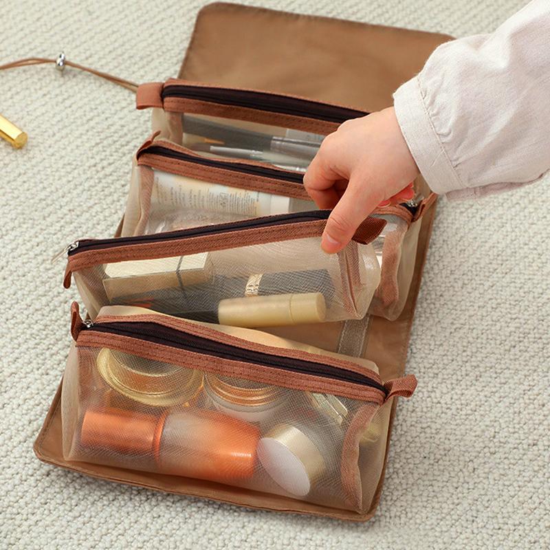 Foldable Detachable Makeup Pouches 4 In1 Portable Travel Cosmetic Bag Transparent Mesh Toiletry Kits Makeup Brush Storage