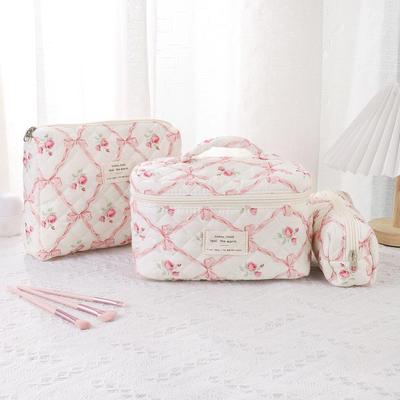 Large Capacity Quilted Floral Makeup Bag for Women - Portable Cotton Toiletry Storage