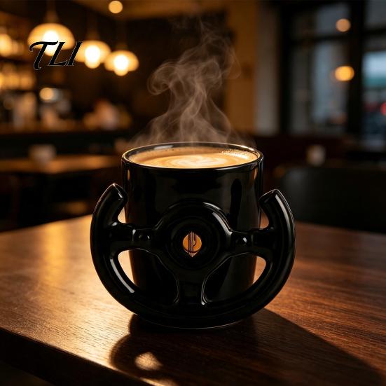 Auto-Themen Bürobedarf Lustige Lenkrad-Kaffeetasse, Keramik-Rennbecher, 400 ml Kreativer Fan-Becher Glänzend Schwarz Trinkgeschirr für Schreibtisch und Gaming-Zimmer