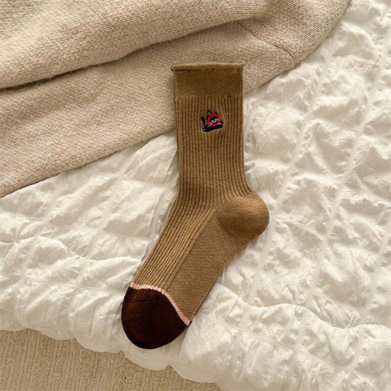 Women's Autumn and Winter Wool Mid-calf Socks in A Color-blocked Cartoon Cute Boneless Striped Warm Long Sock