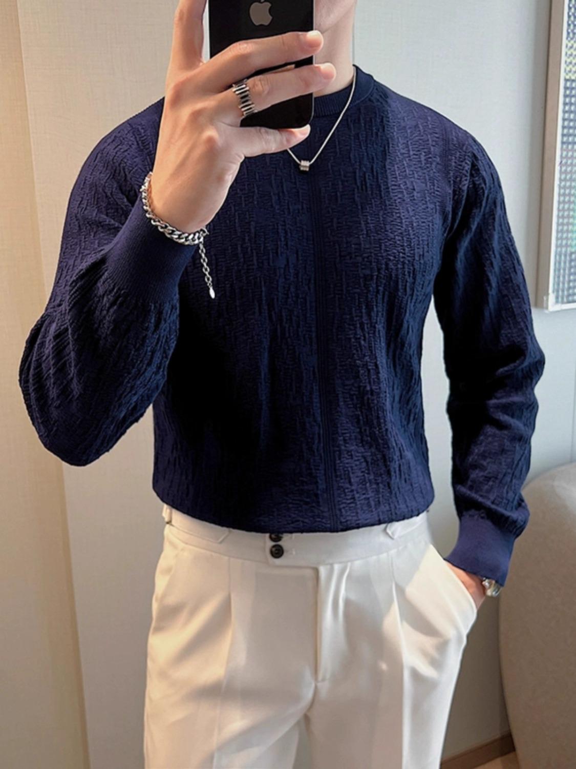 Men s Slim Fit Round Neck Jacquard Knitwear - Light Luxury Autumn/Winter Collection XL синий