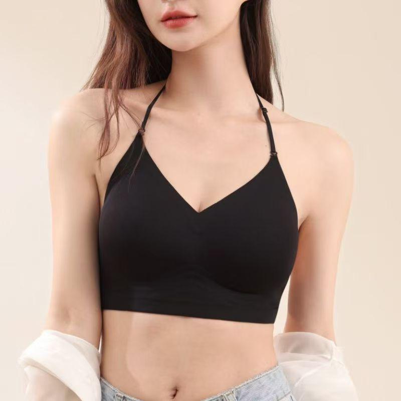 

Seamless Backless Push-Up Bra: Thin Strap U-Shape Halter, No Empty Cup, Invisible Nude Women s Tank Top. S (80-95 lbs, 70ABC) чорний