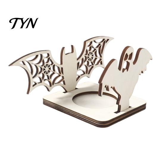 Window Silhouette Display Halloween Candle Holder, Spooky Pumpkin Bat Shadow Tealight Creative Casting Holder Vintage Wooden Candlestick Ornament for