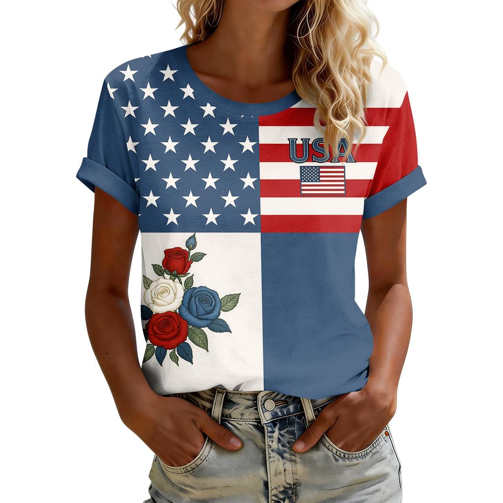 Women's American Floral Patchwork Print Casual T-Shirt 250Th Anniversary USA Shirt Patriotic Tshirt