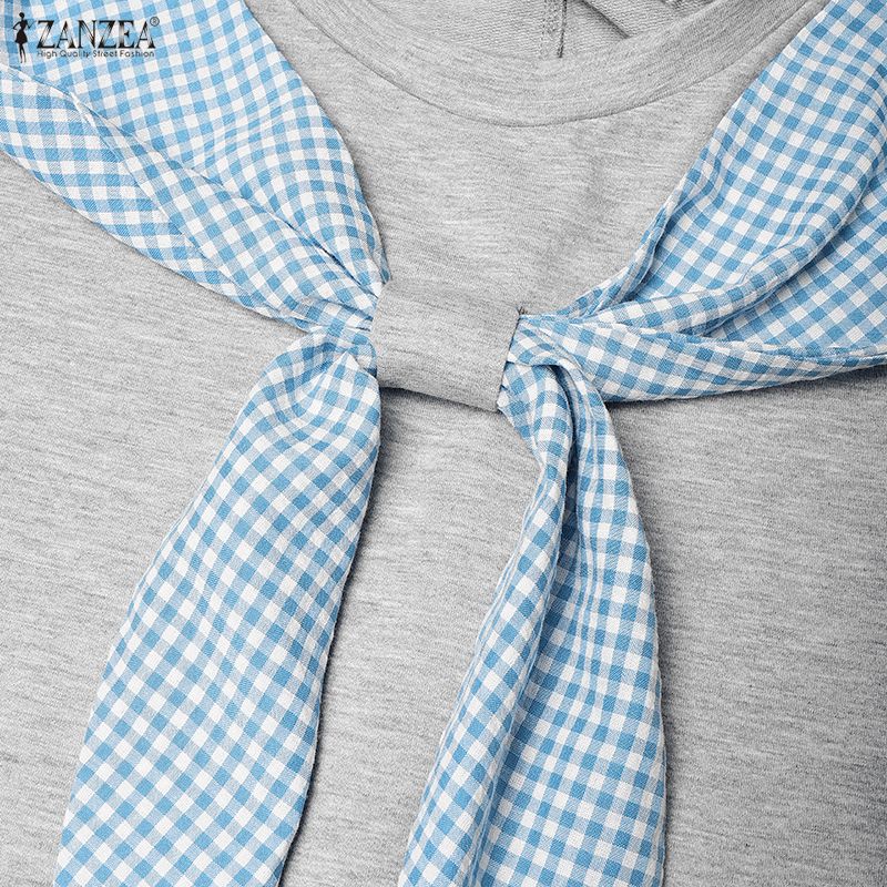 ZANZEA Women Casual Plaid Splice Round Neck Summer Short Sleeve Dress