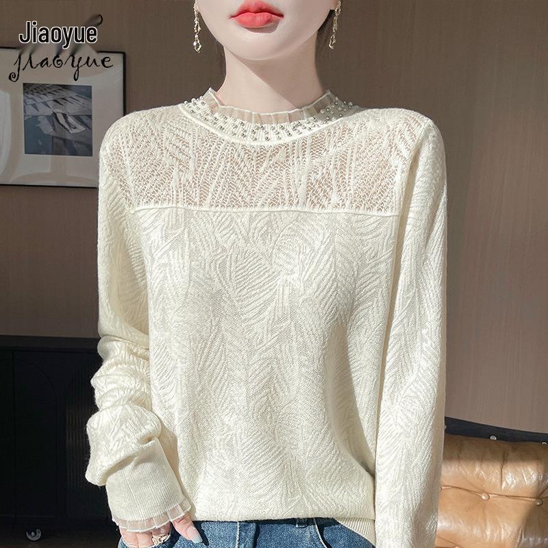 

Spring 2025 Women s Wool Knit Beaded Lace Pullover Top L вершковий/білий