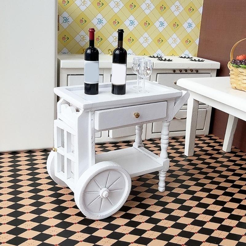White Miniature Wooden Food Cart For Dollhouses Accessories 1/12 Scale Realistic Toy House Decoration