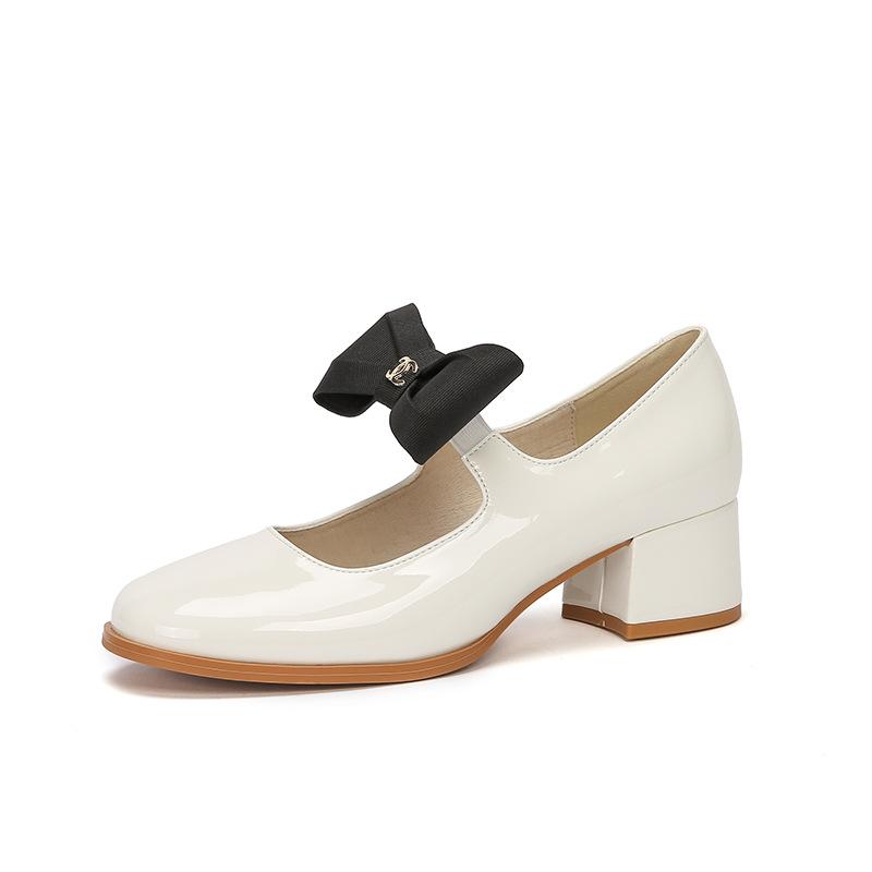 Mary Jane Shoes Women'S Spring New Fashion Women'S Shoes British Style Round Head Thick Heel Bow With Skirt Women'S Shoes