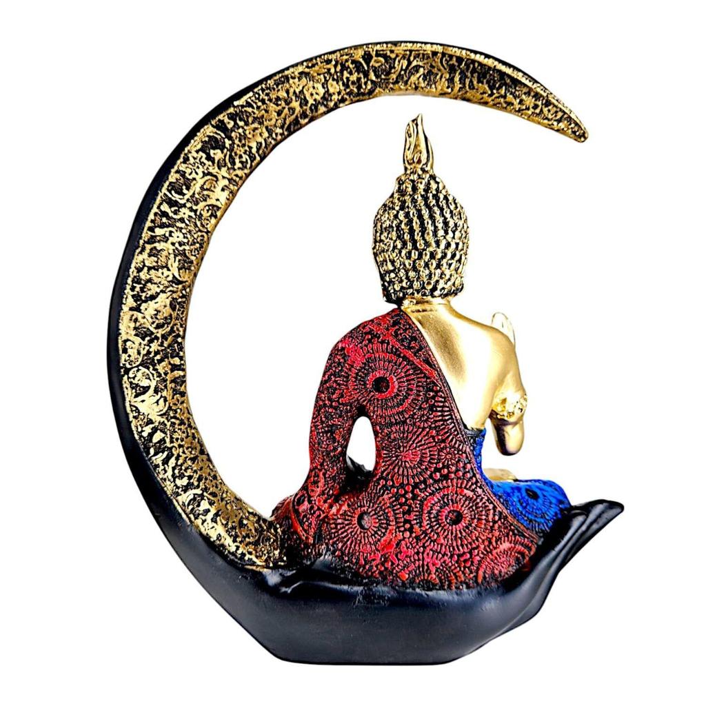 Decorative Buddha Idol for Home | Resin Meditating Buddha Statue In Moon Frame | Spiritual Showpiece