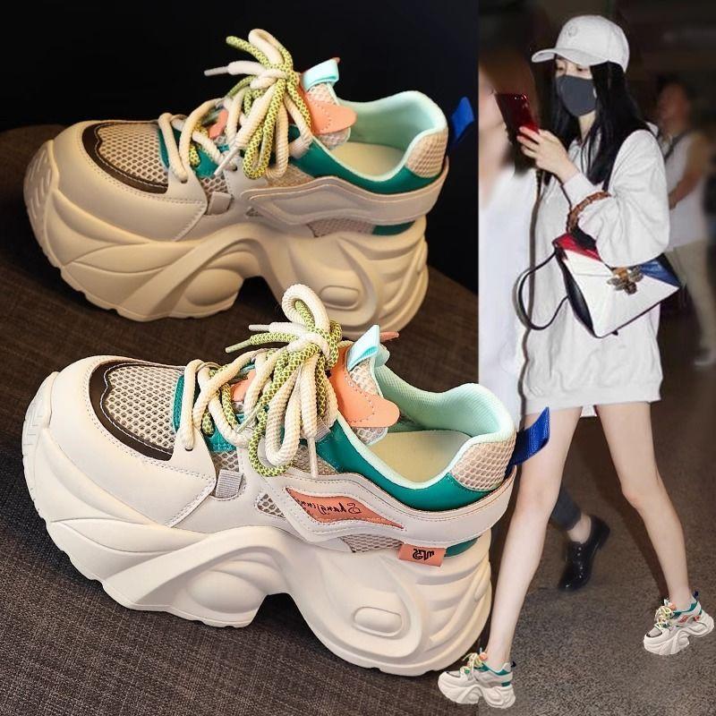 10cm Chunky Lace-up Sneakers Women's Autumn New Breathable Casual Walking Shoes Mixed Color Fashion Women Sport Shoes Zapatillas