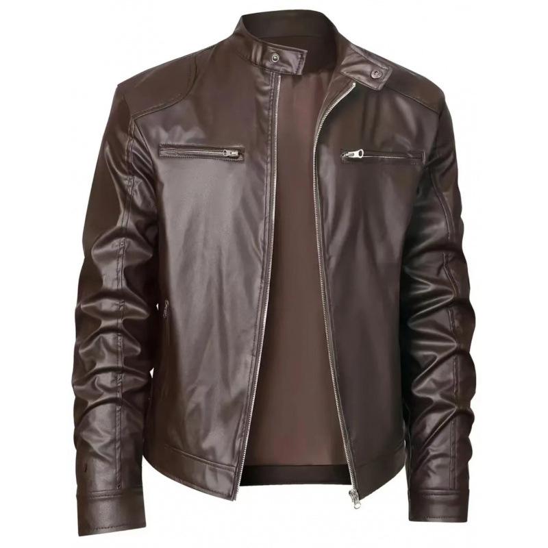 High quality men's stand-up collar European size leather jacket zipper pocket decorative leather jacket locomotive men's leather jacket
