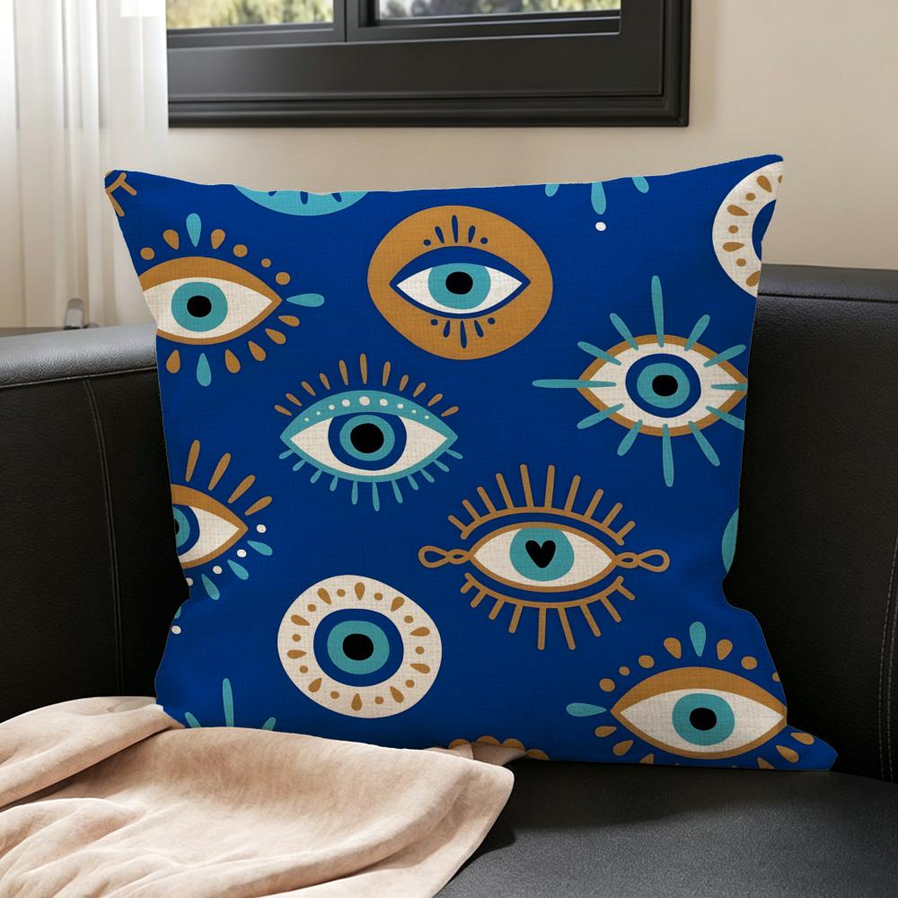 L-Lucky Evil Eye Cushion Cover Natural Linen Pillowcase Set, All-In-One Decor For Sofa, Bedroom & Chair