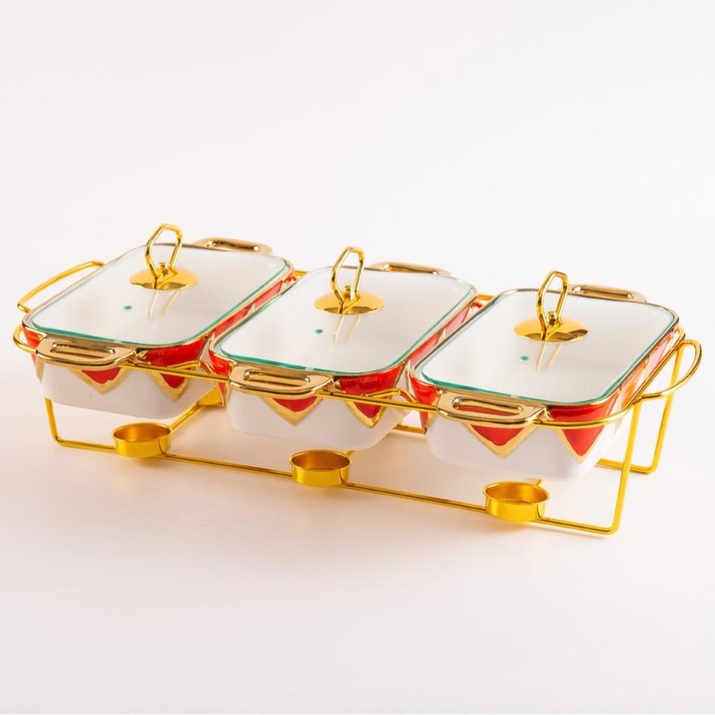 Three-grid Rectangular Ceramic Plate Soup Pot Metal Shelf Hotel Restaurant Hand-Colored Soup Pot Dry Pot Tableware Set