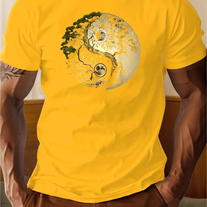 Men's summer 100% pure cotton fashionable casual loose sports yin-yang tree pattern print round neck short sleeved T-shirt top