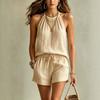 Damen Zweiteiler Outfit Neckholder Ärmelloses Oberteil High Waist Kordelzug Shorts Einfarbig Lässig Sommer Set